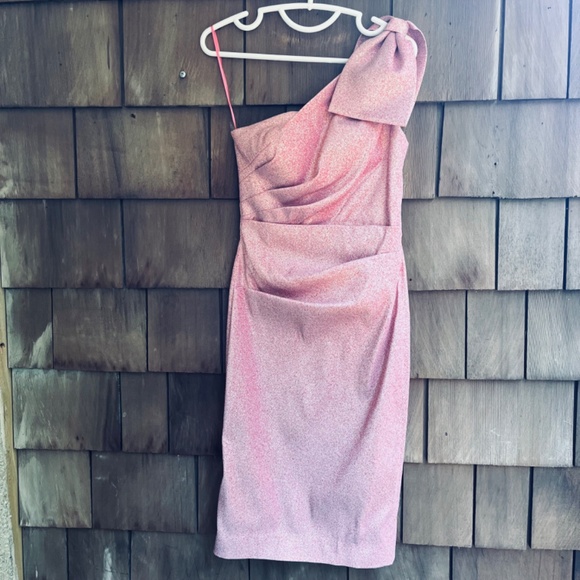 $720 Rickie Freeman by Teri Jon Women's Pink Metallic One-Shoulder Dress Size 4 - Picture 5 of 16